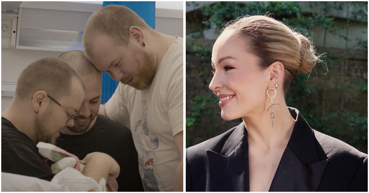 Til venstre: Tre menn holder omkring hverandre og en baby. Til høyre: Martine Hammervold-Austinatt smiler og ser til siden.